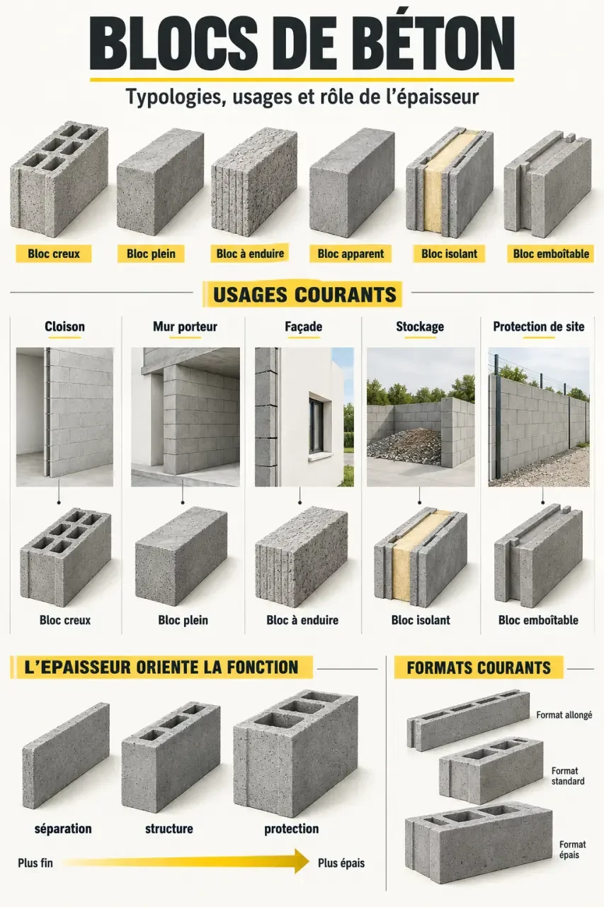 Blocs de béton creux, pleins et emboîtables comparés selon leurs usages