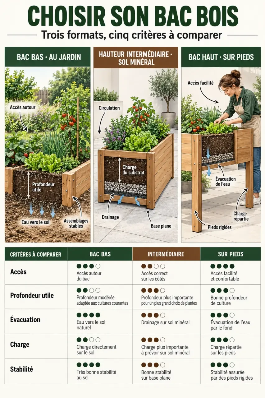 Infographie pour choisir un bac bois pour jardinage selon la hauteur, l’emplacement et l’accès
