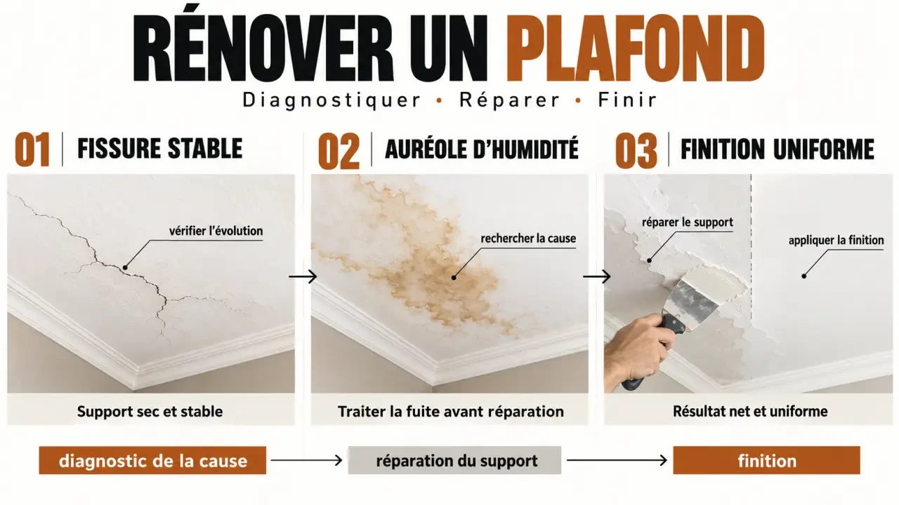 Illustration des étapes d’une rénovation de plafond fissuré ou humide avant la finition