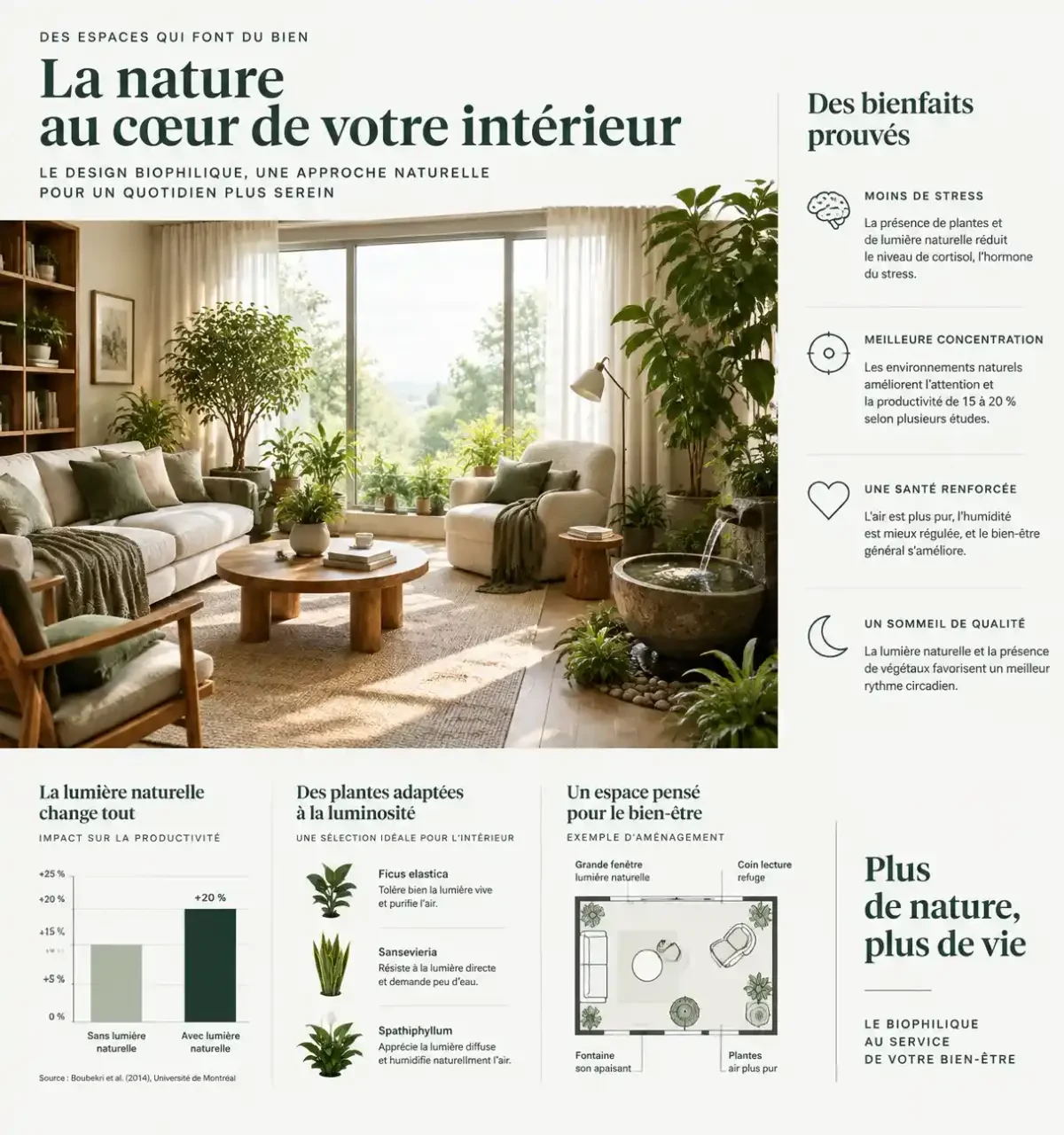 Intérieur biophilique avec lumière naturelle, plantes, matériaux naturels et coin refuge dans un salon