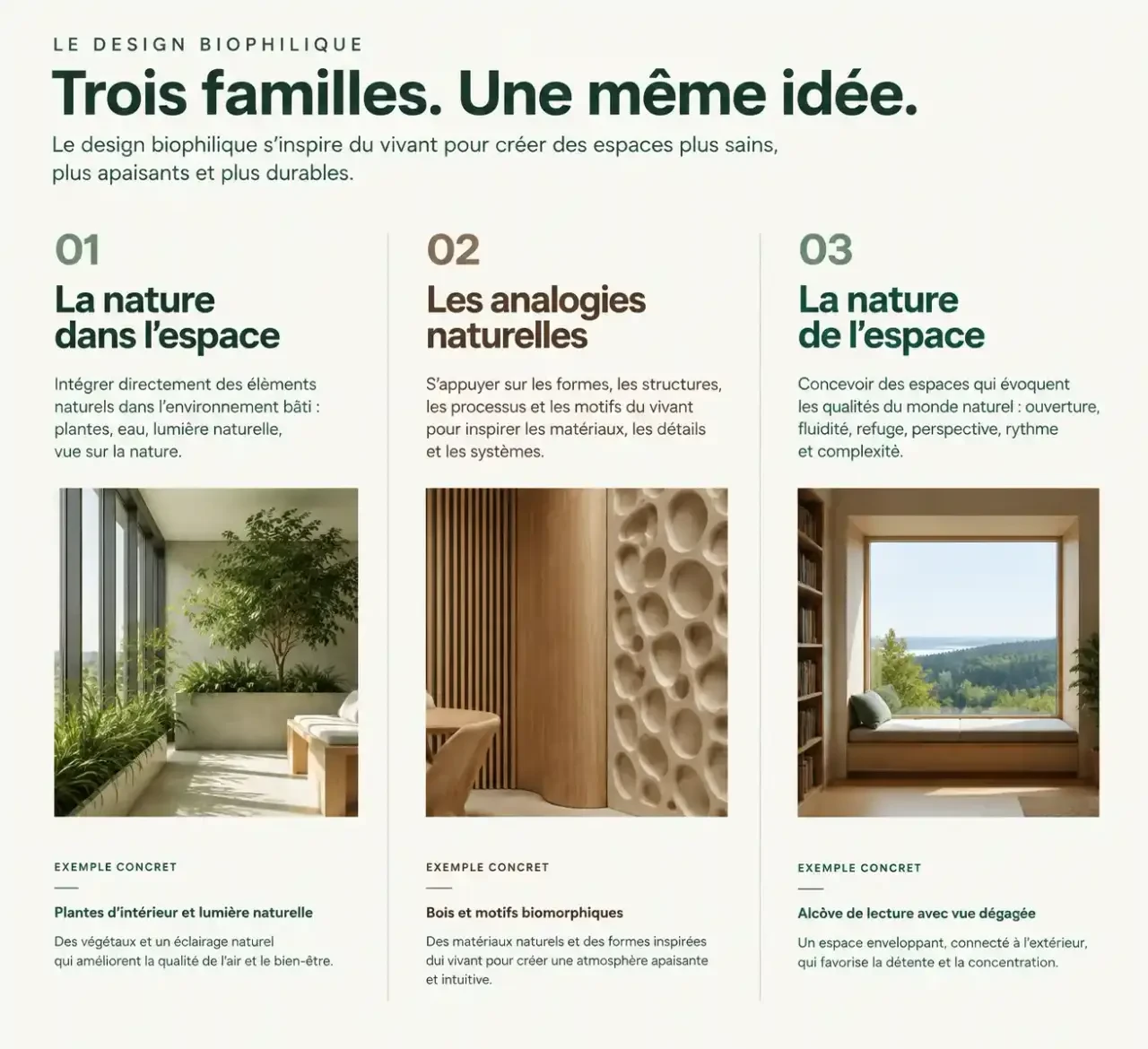 Infographie des trois familles de principes du design biophilique : nature dans l'espace, analogies naturelles et nature de l'espace