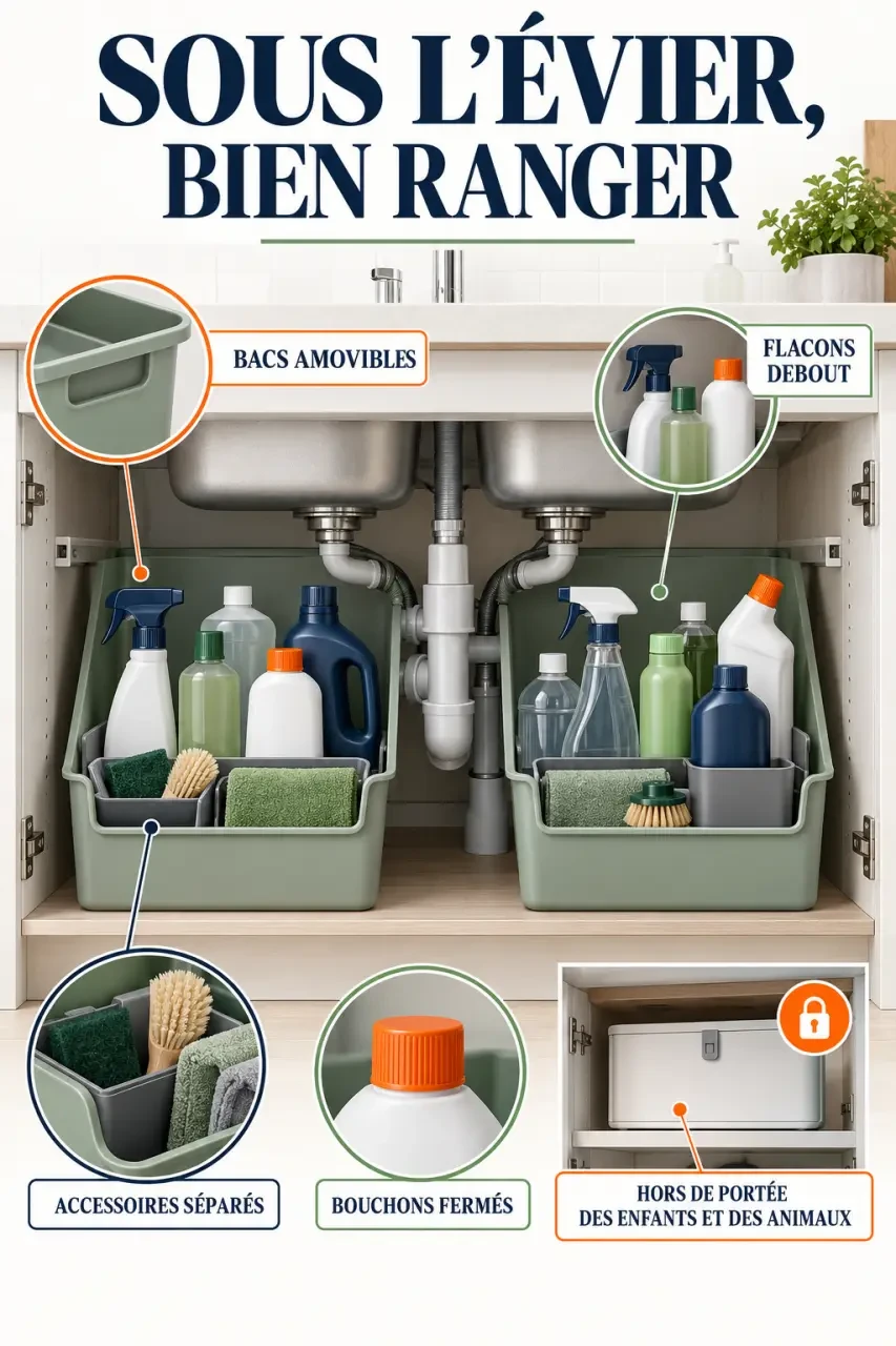 Infographie pour ranger produits ménagers en sécurité sous l’évier