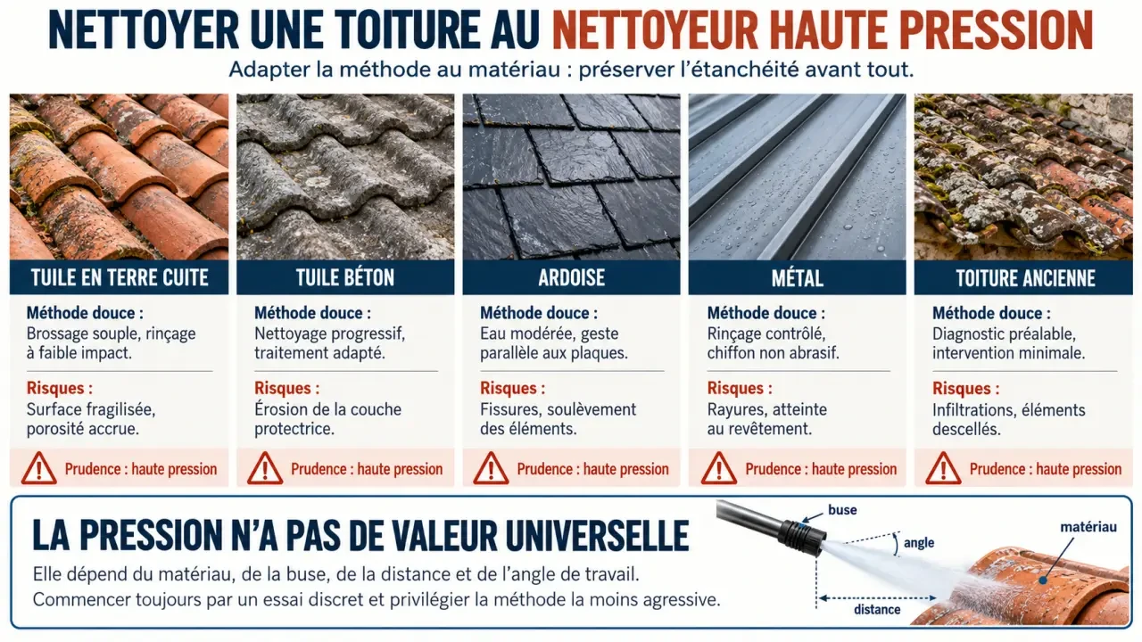 Infographie sur le nettoyage d'une toiture karcher selon le matériau et les risques de la haute pression