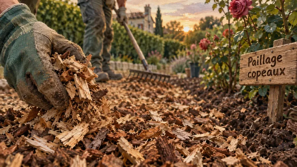 Copeaux de bois au jardin : 5 à 8 cm pour limiter les adventices sans étouffer les plantes