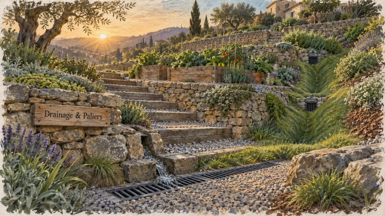 Jardin en palier avec drainage et soutènements, accès sûrs