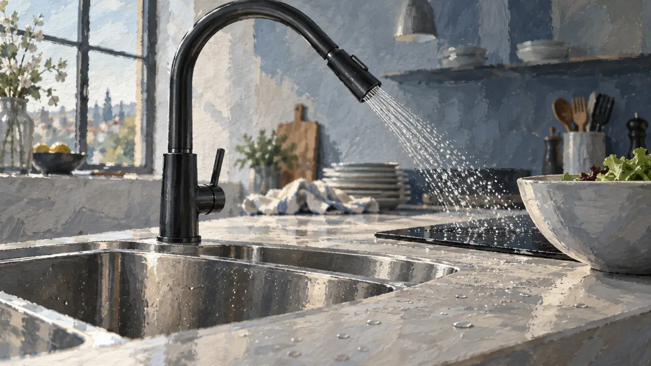 Mitigeur d’évier noir mat avec douchette extractible, cuisine, jet d’eau vers cuisson.