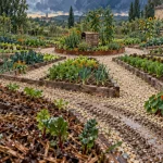 Potager mandala avec allées en cercle au jardin
