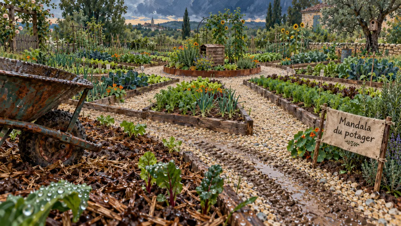 Potager mandala avec allées en cercle au jardin