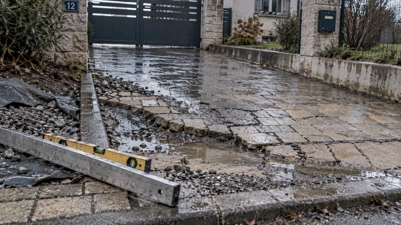 Rénovation allée maison : allée fissurée et affaissée, après pluie