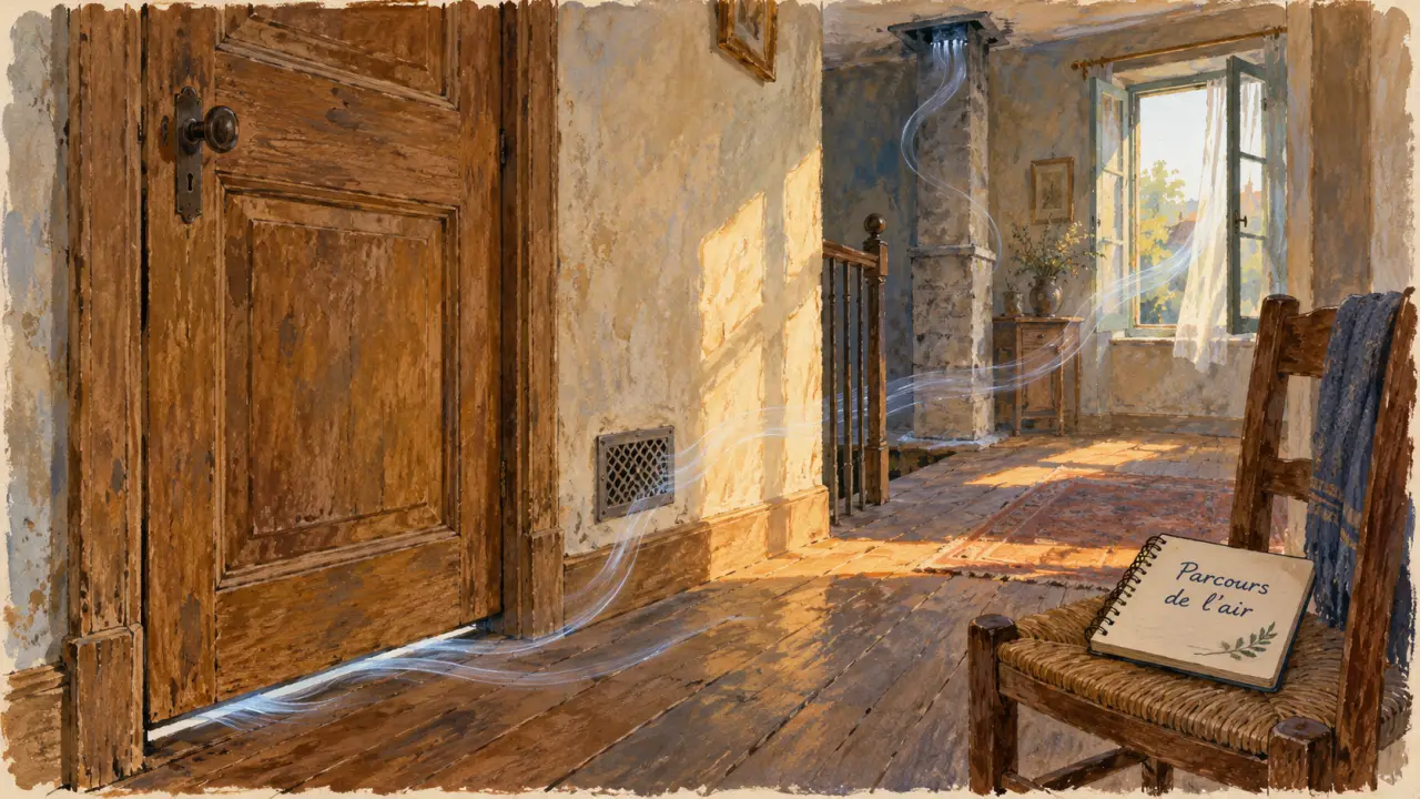 Ventilation naturelle maison ancienne : parcours de l’air sous porte et entrée d’air